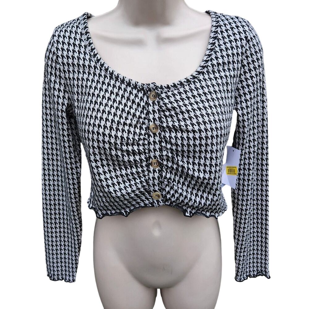 NWT‎ La La Land Creative Co Women's Houndstooth Crop Top, Size S, Long Sleeve,